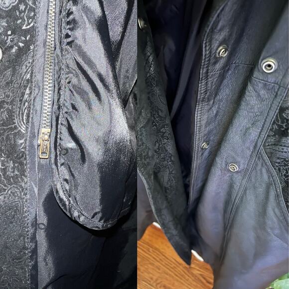 Vintage 80s/90s Wilsons Leather Maxi Trench Coat Embossed Paisley Braid Trim - Picture 16 of 17